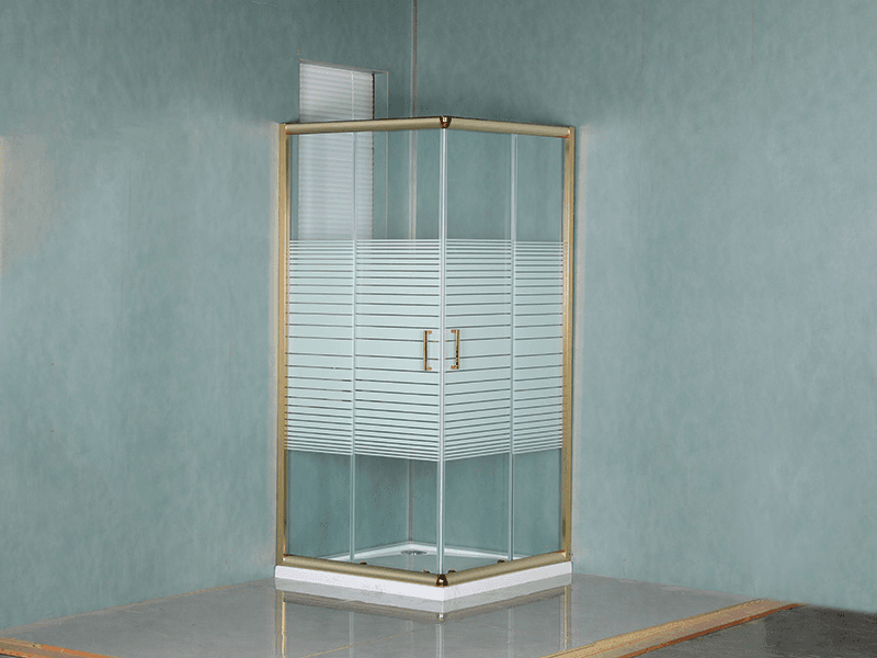 Cabine de douche coulissante SQUARE, verre trempé transparent avec impression, profil en aluminium doré, poignée double trous, avec plateau