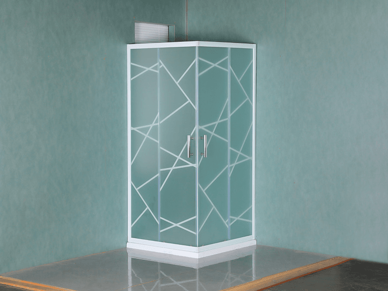 Cabine de douche coulissante SQ, verre trempé mat avec impression, profilé en aluminium blanc, poignée double trous, avec plateau