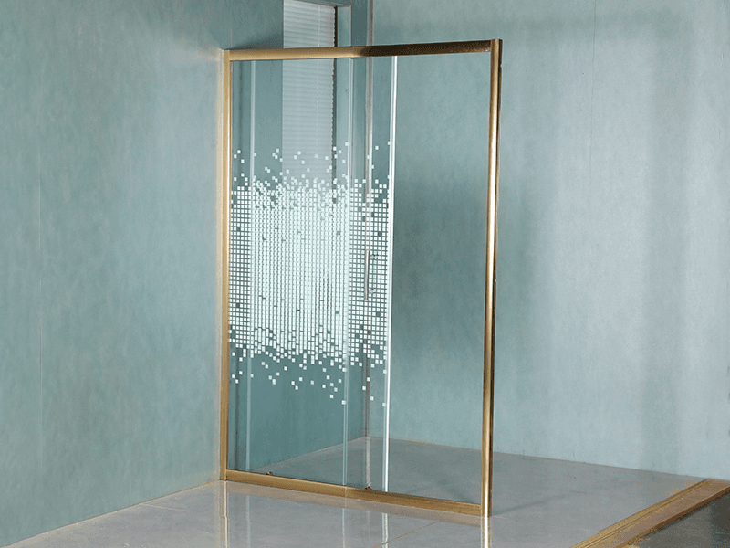 Écran de douche coulissant fixe SD-1 One, verre trempé transparent avec impression, profil en aluminium doré, poignée à double trous