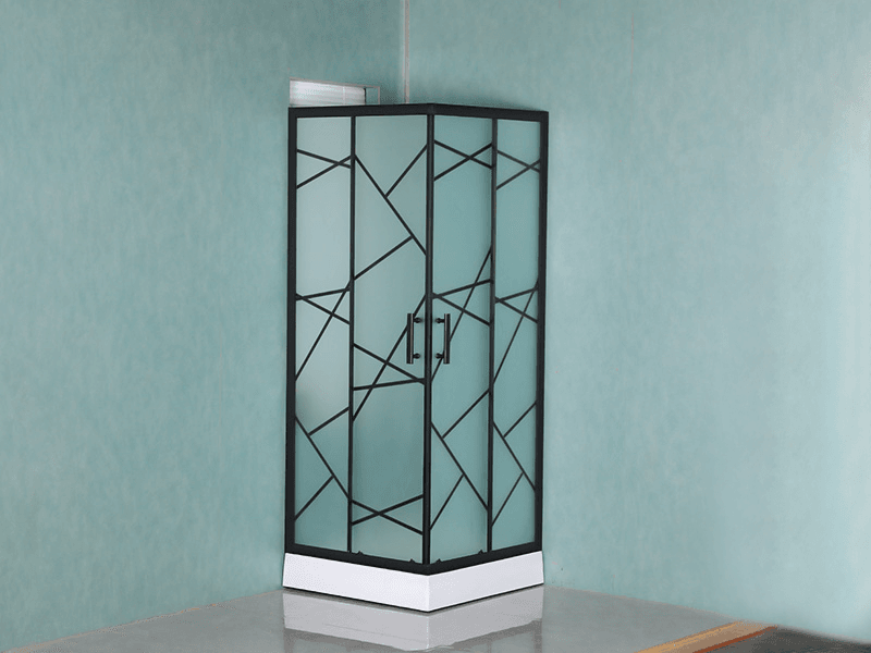 Cabine de douche coulissante SQ, verre trempé mat avec impression, profilé en aluminium noir, poignée double trous, avec plateau