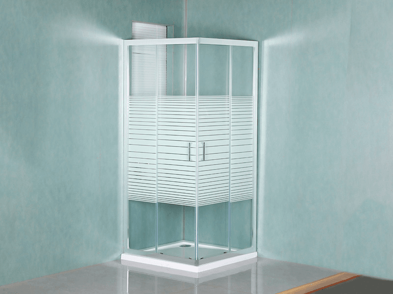 Cabine de douche coulissante SQUARE, verre trempé transparent avec impression, profilé en aluminium blanc, poignée double trous, avec plateau