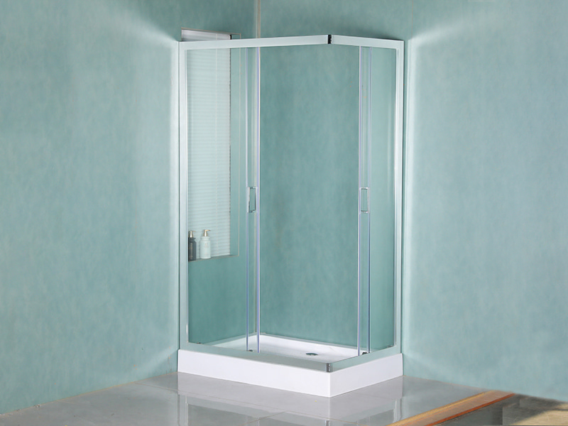 Cabine de douche coulissante RE, verre trempé transparent, profilé en aluminium chromé, poignée double trous, avec plateau